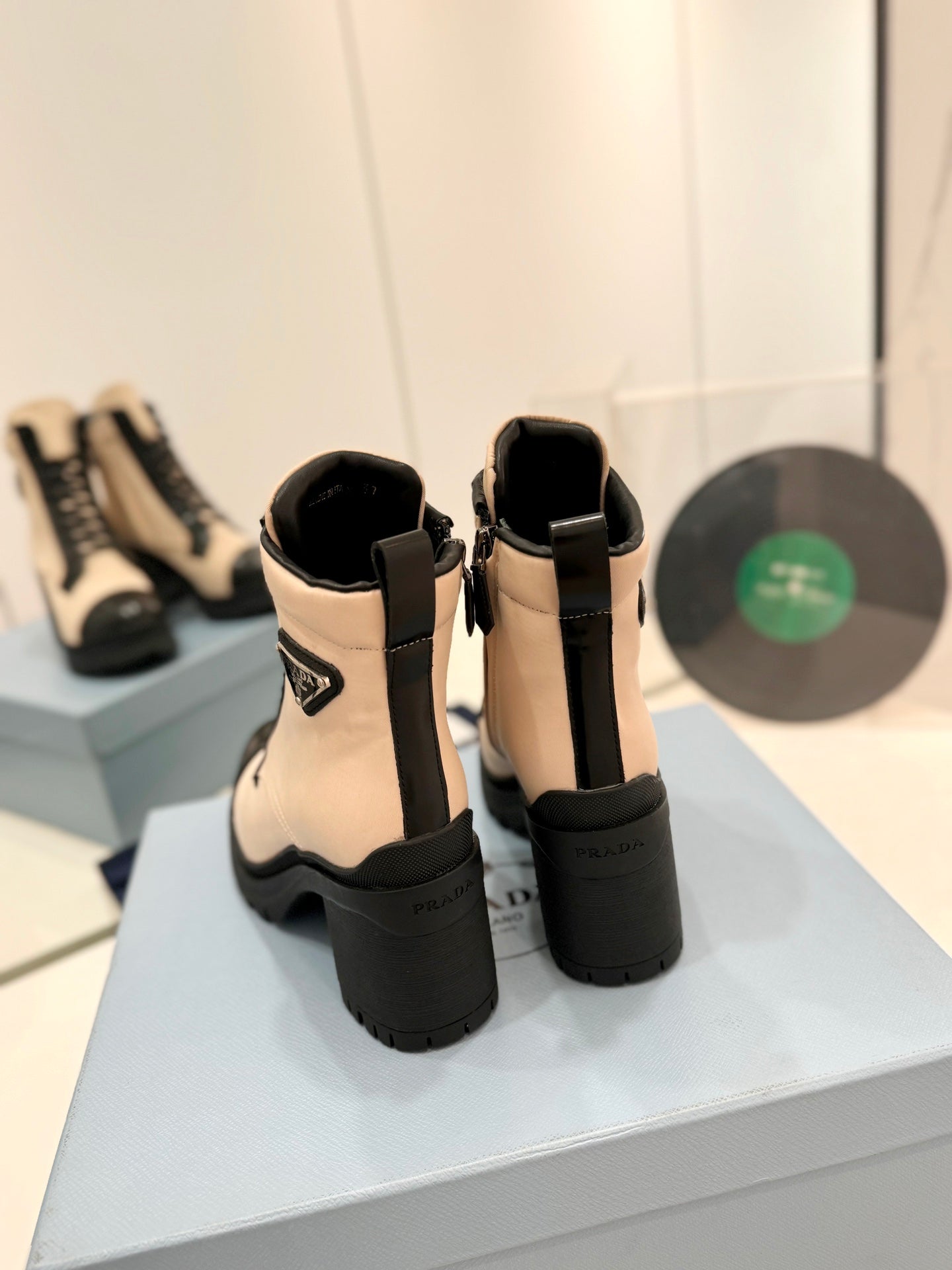 PRADA BRUSHED LEATHER AND RE-NYLON LACED BOOTIES PASTEL PINK