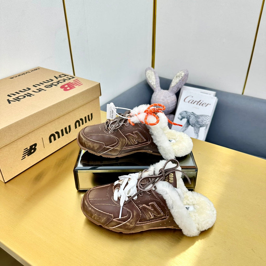 MIUxNB 530 SNEAKER MULES IN BROWN CALFSKIN SHEARLING