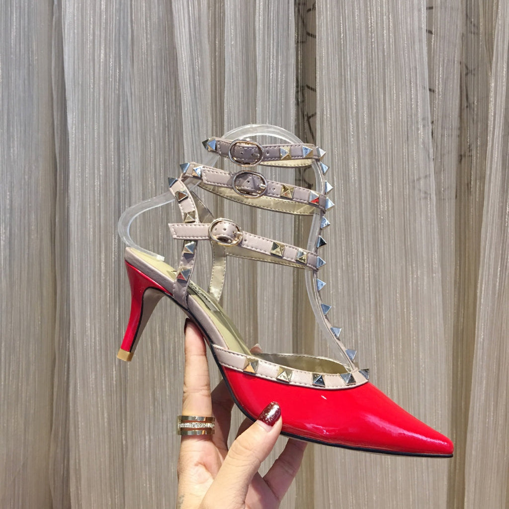 ROCKSTUD CAGED PUMP 65MM IN RUBY RED MIX LIGHT PINK PATENT CALFSKIN