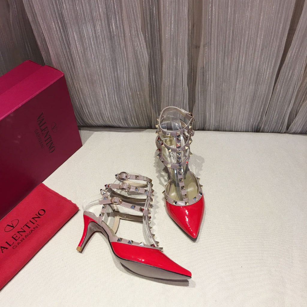 ROCKSTUD CAGED PUMP 65MM IN RUBY RED MIX LIGHT PINK PATENT CALFSKIN