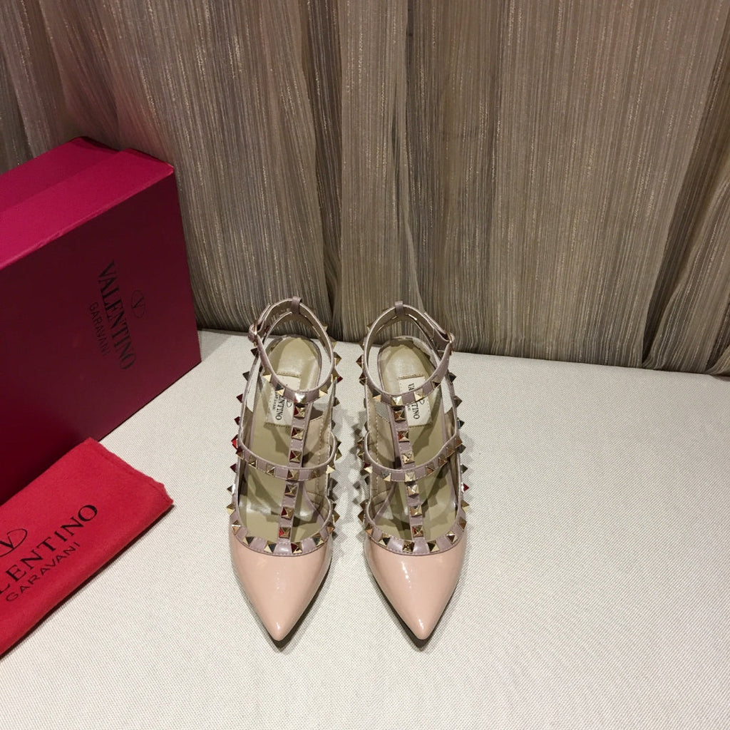 ROCKSTUD CAGED HIGH PUMP IN PEACHY MIX LIGHT PINK PATENT CALFSKIN 100 MM