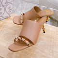 ROCKSTUD TOWER-HEEL MULES IN BRONZE BROWN CALFSKIN 7 CM
